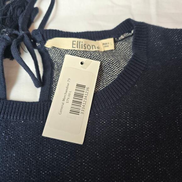 NWT Jacqueline B Cotton Sweater L Navy Blue Paisley Printed Tie Neck Long Sleeve - Picture 7 of 7